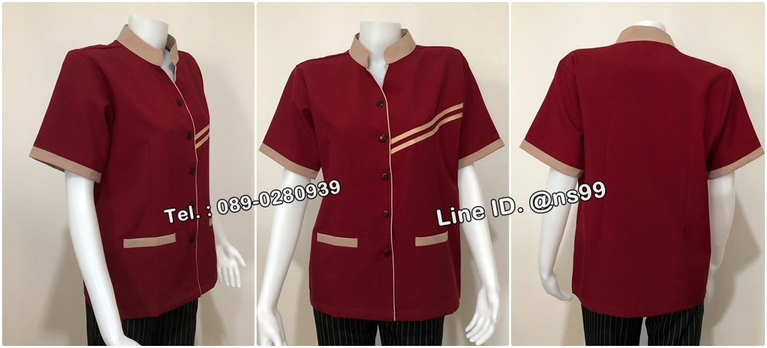 รหัส C11 : เสื้อแม่บ้านคอจีนแขนสั้นสีเลือดหมู/น้ำตาลอ่อน