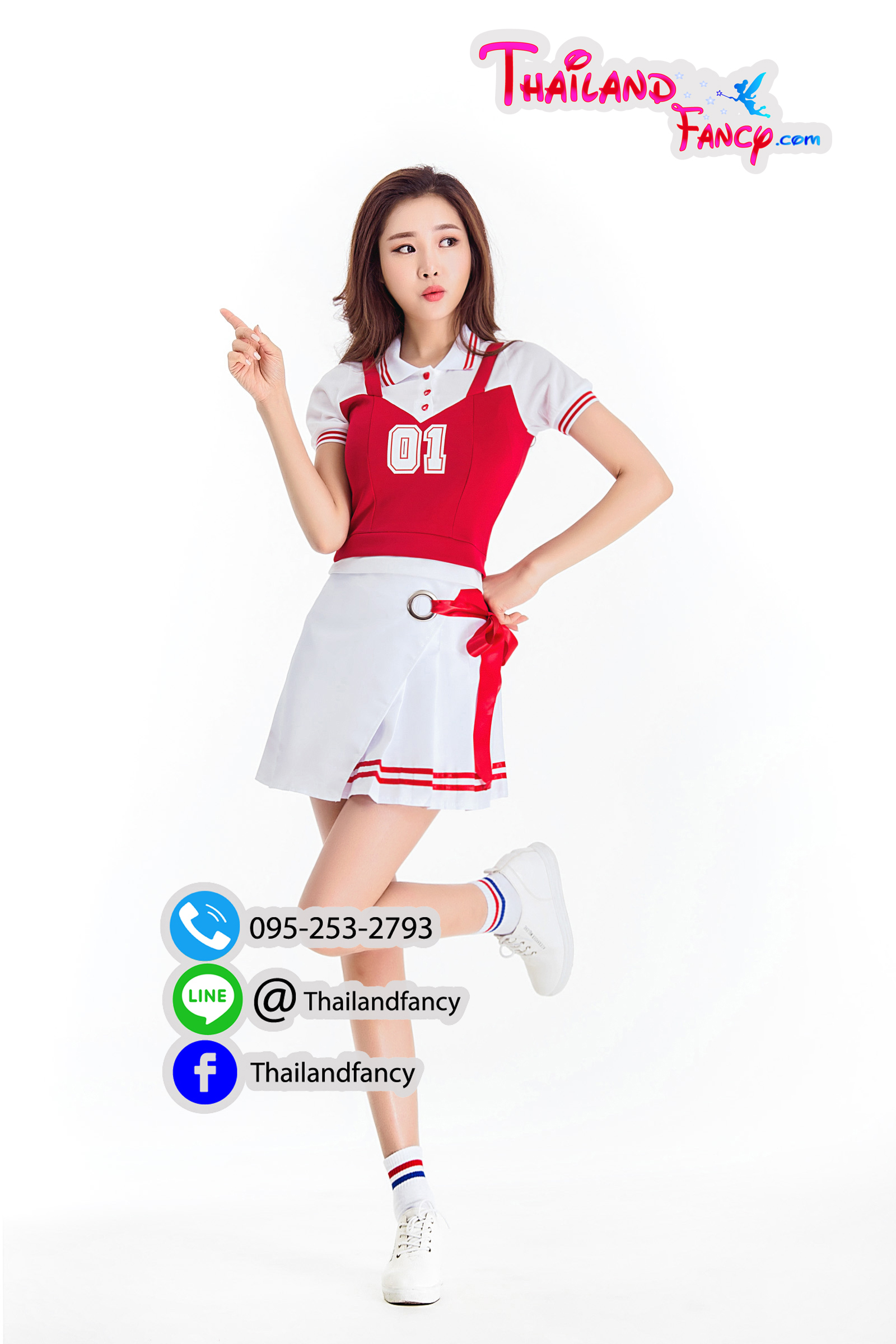 ุชุดแฟนซี ชุดเชียร์กีฬา ชุดปอมปอมเชียร์ Cheerleader ชุดปาร์ตี้ ชุดกีฬาสีบริษัท ชุดคอสเพลย์เชียร์ลีดเดอร์ สีขาว-แดง โปรงจีบผูกโบว์แดง