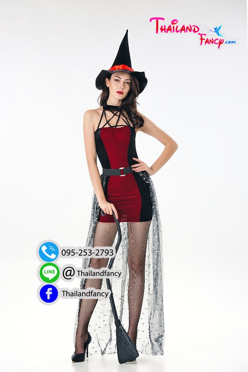 ชุดแฟนซีแม่มด Witch Cosplay ชุดแม่มดฮาโลวีน ชุดแม่มดผีซอมบี้ ชุดสาวจอมเวทย์ ชุดแม่มดดำแดงพร้อมผ้าคาดเอวและหมวก