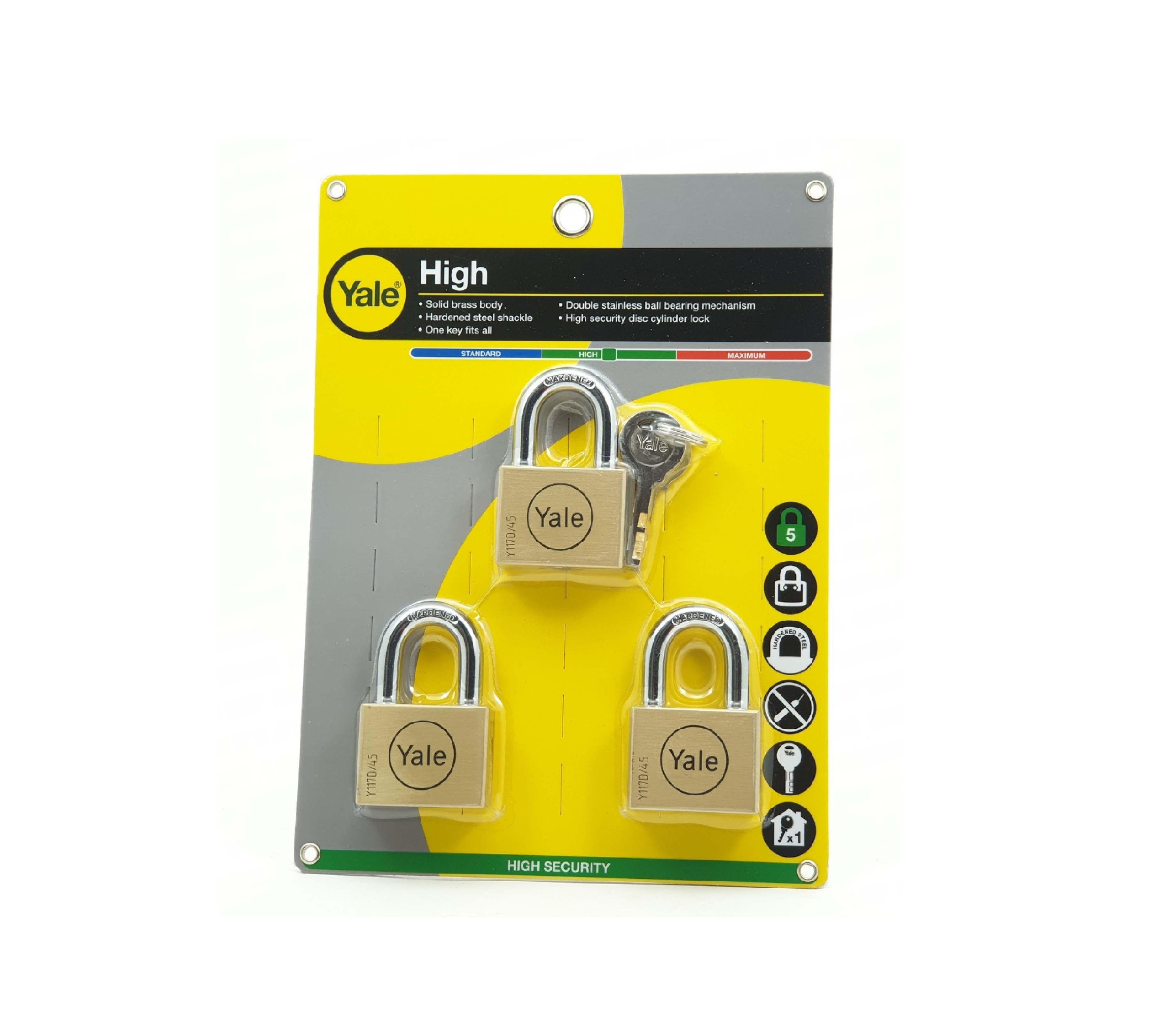 กุญแจคล้อง เยล ขนาด 45 มม.คีย์อะไลค์แพ็ค 3 BD45P3