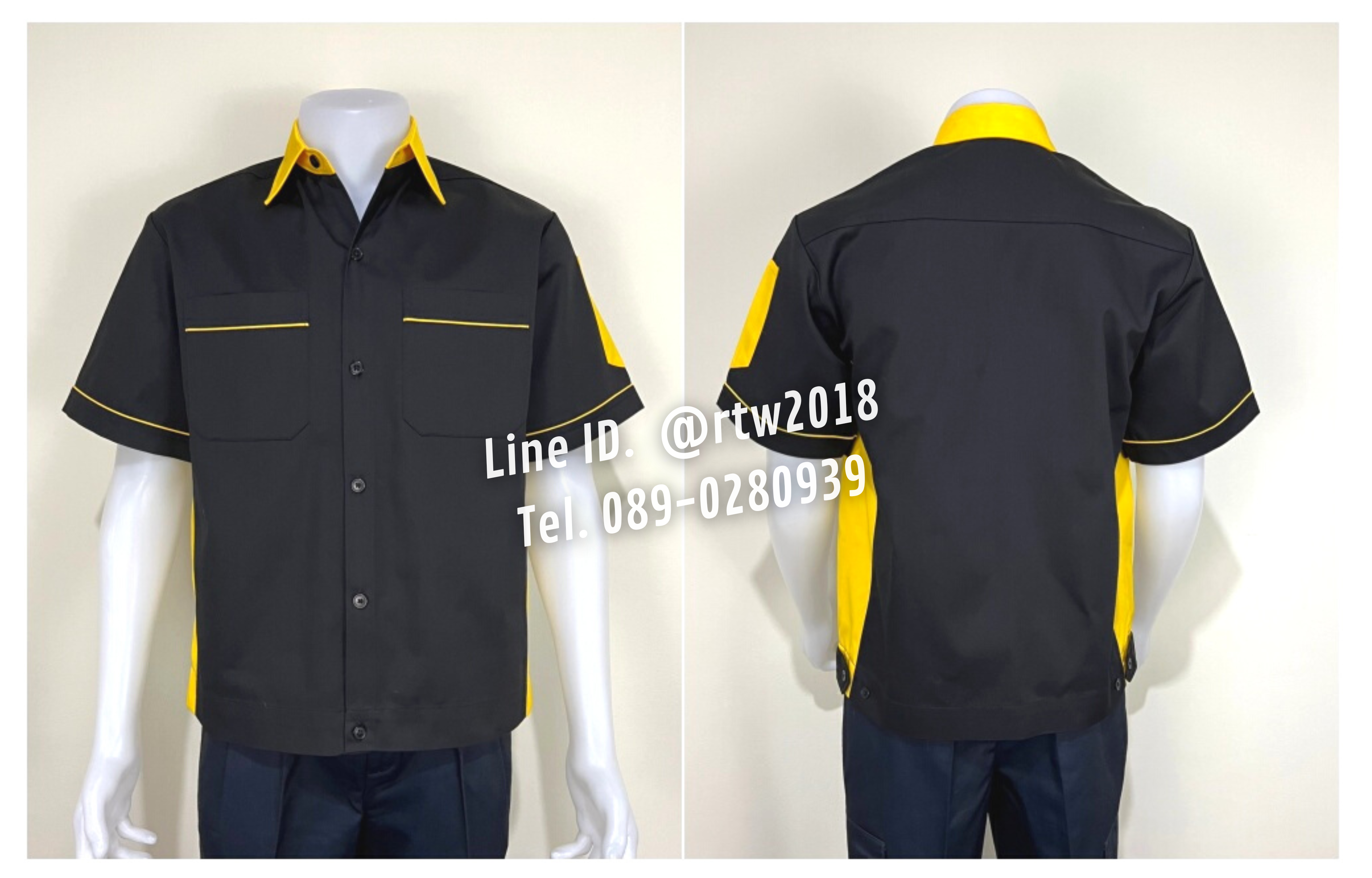รหัส A13.7 : เสื้อช่างแขนสั้นผ้าคอมทวิวสีดำข้างเหลือง