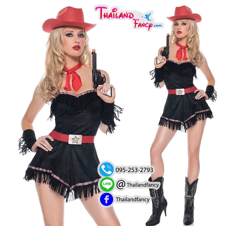 ชุดคาวเกิร์ล ชุดอินเดียแดง ชุดคาวบอยหญิง ชุดแฟนซีคาวบอยโบฮีเมียน เดรสกระโปรงเกาะอกผ้าหนังกลับสีดำพร้อมหมวกแดง