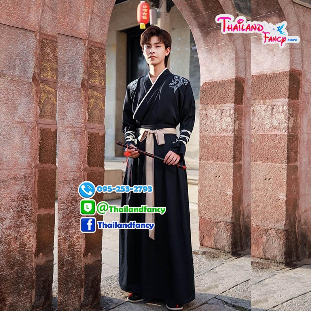 ชุดเช่าแฟนซีผู้ชาย เช่าชุดจอมยุทธ์ผู้ชาย ชุดแฟนซีนานาชาติ ชุดจีนโบราณ ชุดเกาหลีโบราณ ชุดจีนกำลังภายในชาย ชุดเช่าจอมยุทธชุดสีกรม-ดำ ลายมังกร