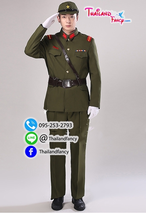 ชุดเช่าแฟนซีผู้ชาย ชุดเช่าทหารญี่ปุ่น ชุดนักรบชาย ชุดโกโบริ ชุดทหารสงครามโลก ชุดเช่านายทหารสีเขียวขี้ม้าแต่งแถบแดง