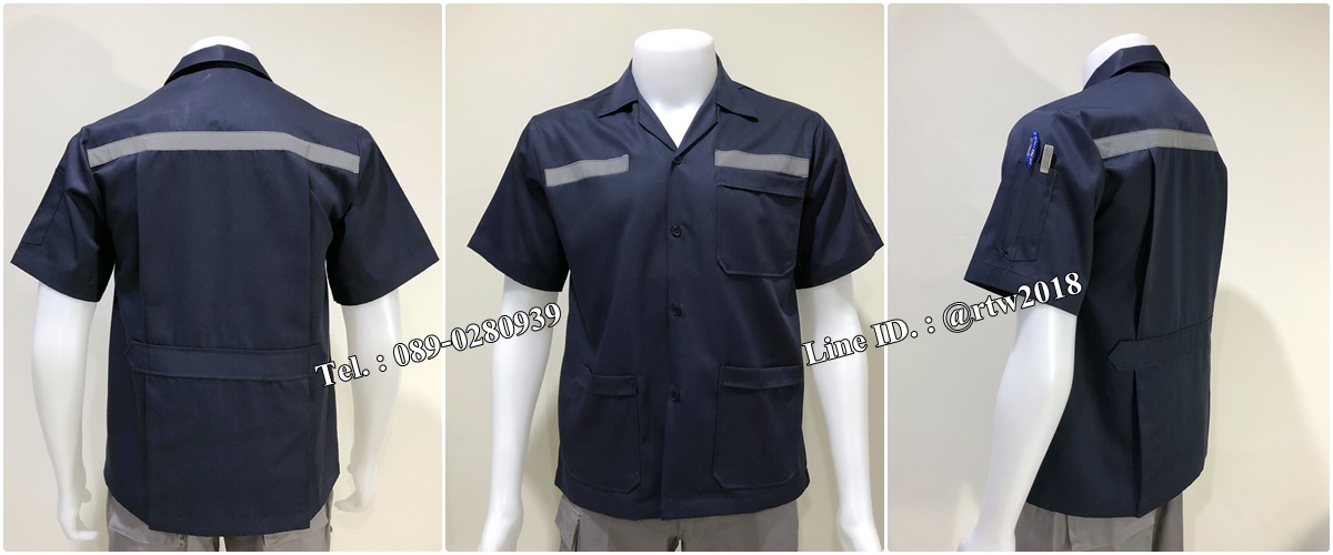 รหัส A107 : เสื้อช่างแขนสั้นแบบสามกระเป๋าสีกรมติดสะท้อนแสง