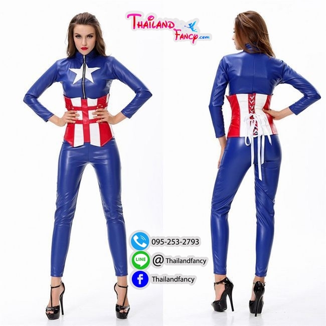 ชุดแฟนซีกัปตันอเมริกาผู้หญิง ชุดการ์ตูน ชุดซุปเปอร์ฮีโร่หญิง Captain America Girl Costume ชุดกัปตันหนังเทียมสีน้ำเงิน