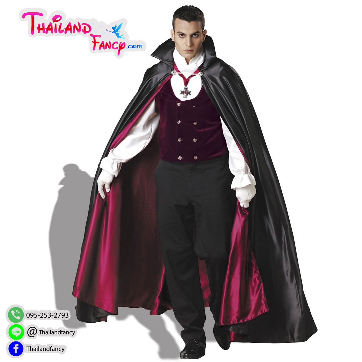 ชุดเช่าแฟนซีผู้ชาย ชุดท่านเค้าแดร็กคูล่า ชุดแวมไพร์ Halloween Night Party ชุดแวมไพร์ทไวไลท์เสื้อกี๊กแดงกำมะหยี่