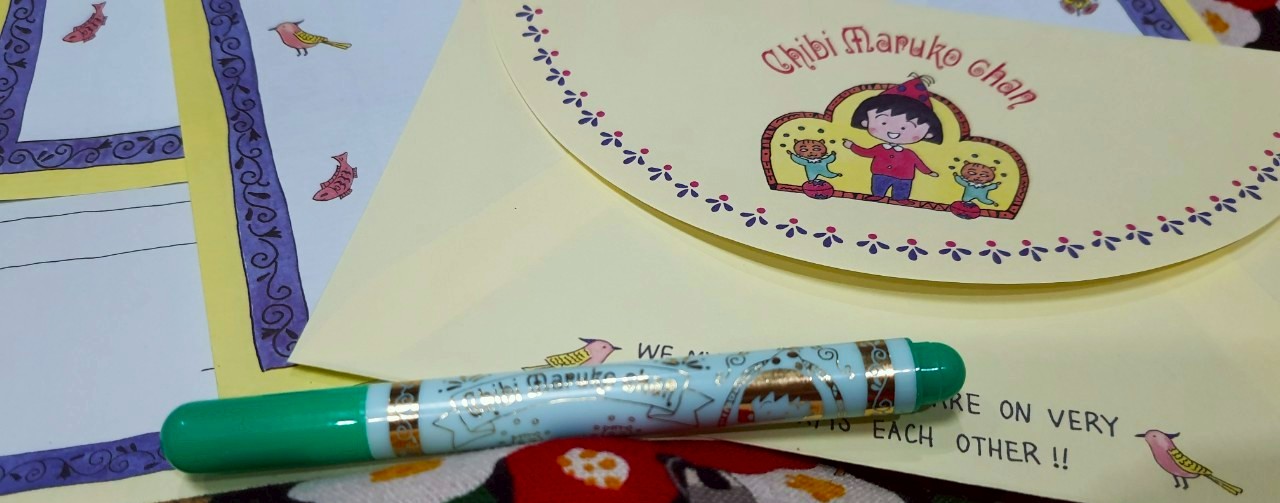 Chibi Maruko chan Letter Set กระดาษเขียนจดหมาย (7แผ่น) + ซองจดหมาย (4ซอง) + ปากกา สีเขียว มารูโกะจัง ของแท้จากญี่ปุ่น Size : 21 x 18 cm