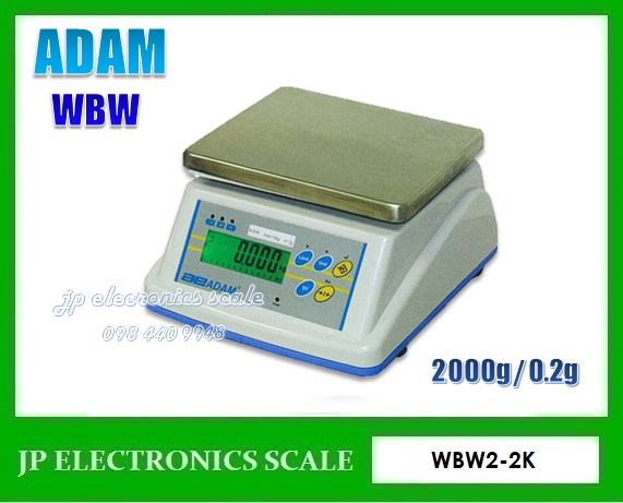 เครื่องชั่งกันน้ำ2000กรัม ตาชั่งกันน้ำ2000g เครื่องชั่งดิจิตอลกันน้ำ2000กรัม เครื่องชั่งดิจิตอล2000กรัม เครื่องชั่งกันน้ำกันความชื้น2000g เครื่องชั่งสแตนเลส2000g เครื่องชั่งน้ำหนักดิจิตอล2000g ค่าละเอียด0.2g ยี่ห้อ ADAM รุ่น WBW2 จานชั่งขนาด 21x17.3cm.