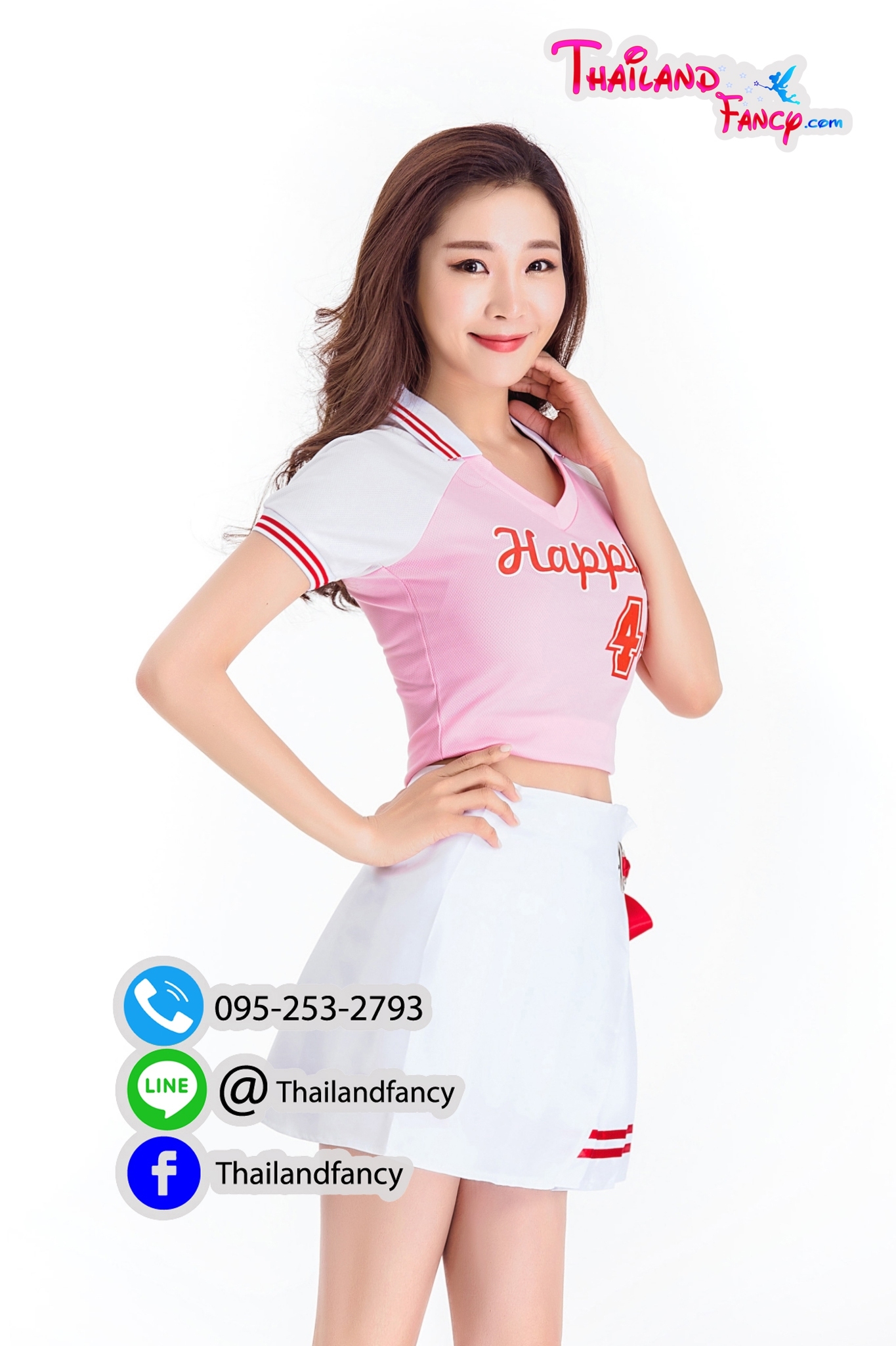 ชุดแฟนซีปอมปอม ชุดเชียร์ลีดเดอร์ ชุดเชียร์กีฬาสี Cheerleader Cosplay ชุดปอมปอมเชียร์กีฬา ชุดปาร์ตี้บริษัท ชุดกีฬาสีออฟฟิศ เสื้อสีชมพู แขนสีขาว กระโปรงผูกโบว์แดง