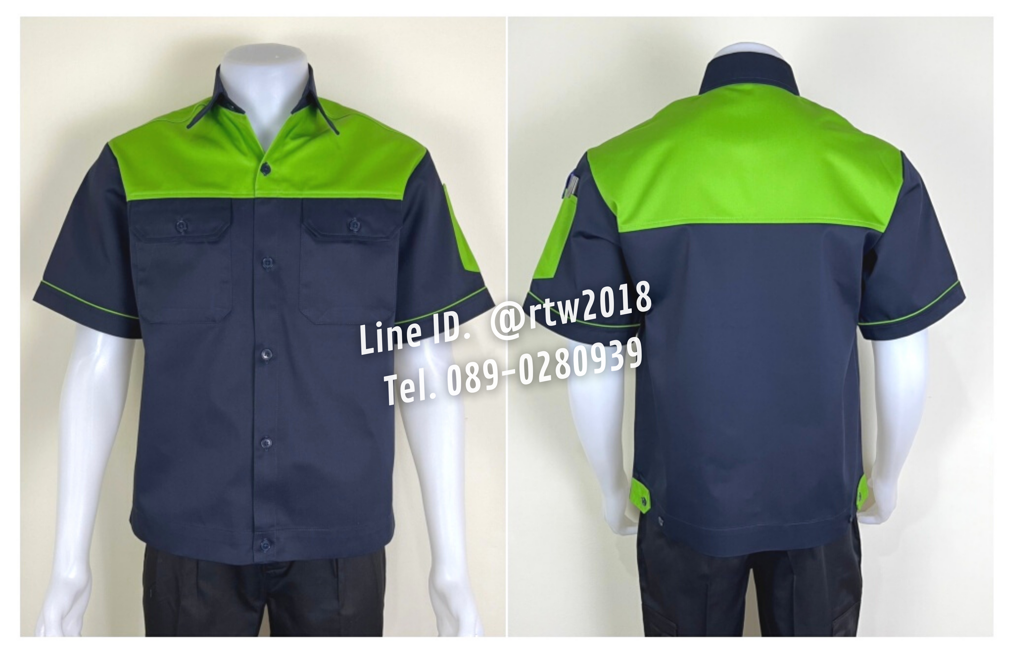 รหัส A23.3 : เสื้อช่างแขนสั้นผ้าคอมทวิวกรมท่าอกเขียวอ่อน