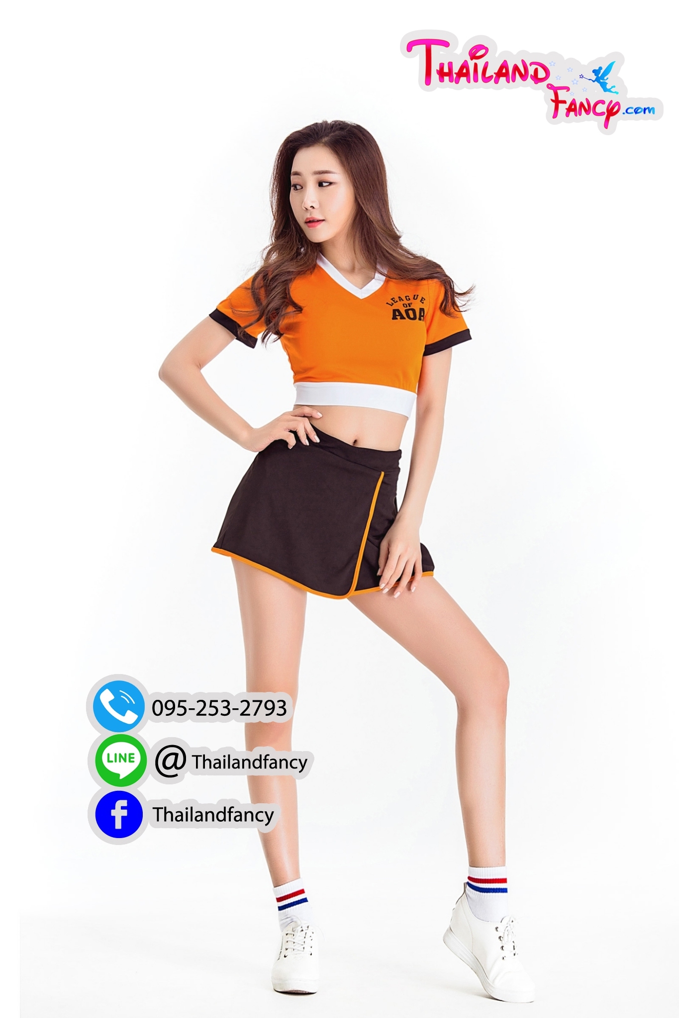 ชุดแฟนซีปอมปอม ชุดเชียร์ลีดเดอร์ ชุดเชียร์กีฬา Cheerleader Cosplay ชุดปอมปอมเชียร์กีฬา เสื้อสีส้ม กระโปรงดำ