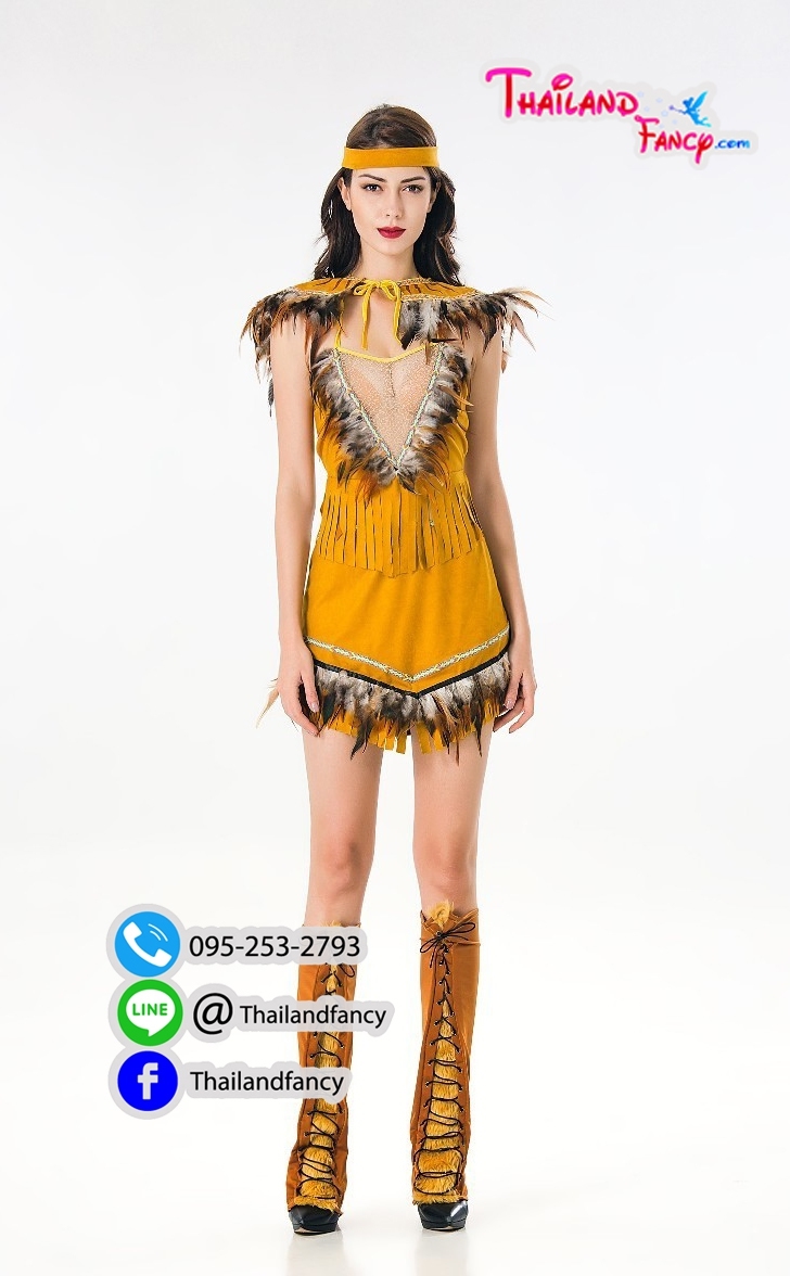 ชุดแฟนซีโบฮีเมียน ขุดอินเดียแดงหญิง ชุดคอสเพลย์ ชุดอินเดียน่าเกิร์ล ชุดแฟนซีหญิงมนุษย์หิน สาวยิปซี ชนเผ่า ขุดสีน้ำตาลทองแต่งขนนกลายสีดำน้ำตาล