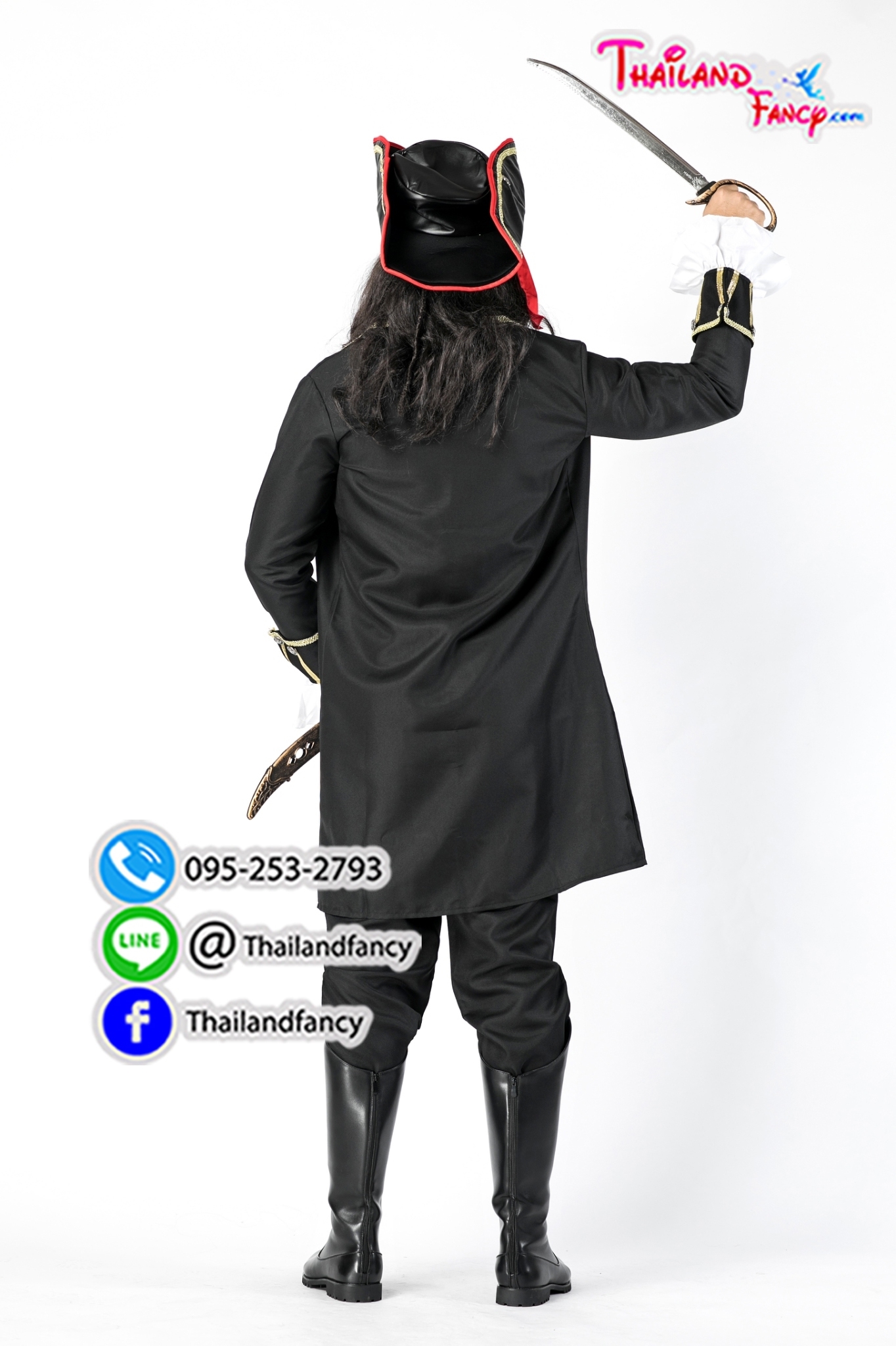 ชุดเช่าแฟนซีผู้ชาย ชุดเช่าโจรสลัดชาย ชุดเช่ากัปตันแจ๊คสแปร์โรว์ Pirate Jack Sparrow Cosplay เสือโค้ทดำเสื้อกั๊กหนังน้ำตาล