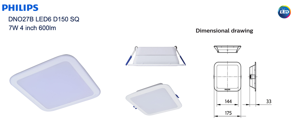 โคมไฟ DOWN LIGHT สี่เหลี่ยม DN027 4 นิ้ว 7W PHILIPS