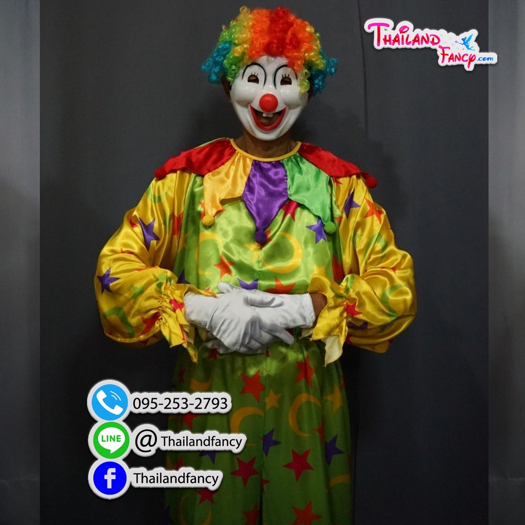 ชุดเช่าแฟนซีผู้ชาย ชุดเช่าการ์ตูน ชุดตัวตลกเป่าลูกโป่ง Joker Cosplay ชุดโจ๊กเกอร์แฟนซีผู้ใหญ่ ชุดแฟนซีตัวตลกโบโซ่ลายดาวสีเขียวเหลืองพร้อมวิกโบโซ่หัวฟูหลากสี