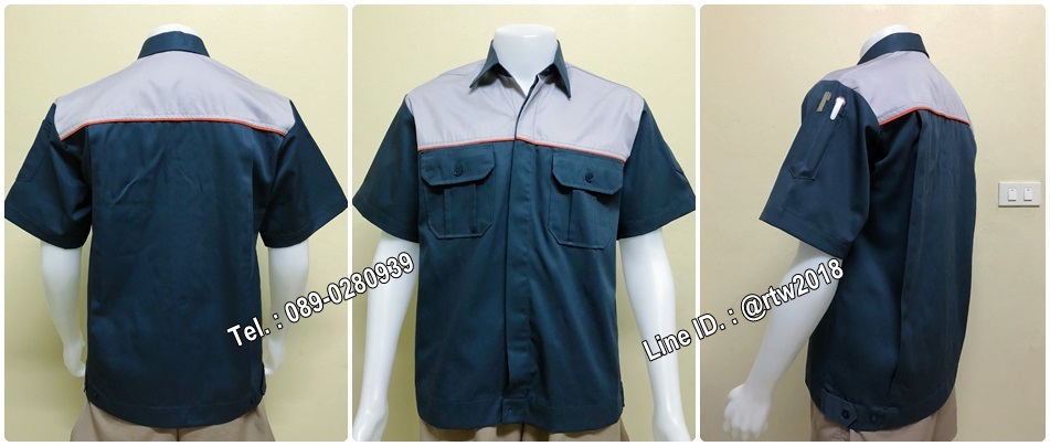 รหัส A45 : เสื้อช่างแขนสั้นแบบกรมอกเทากุ้นส้ม(วอลโว่)