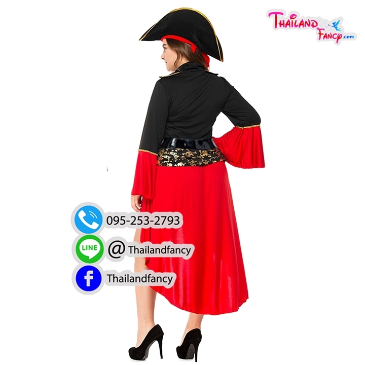ชุดเช่าแฟนซีผู้หญิงพลัสไซส์ ชุดเช่าสาวโจรสลัด โจรสาวของแจ๊คสแปร์โรว์ Pirate of the Caribbean ชุดคอสเพลย์เดรสสั้นโจรสลัดสาวดำแดงแต่งลายทองกระโหลกไขว้