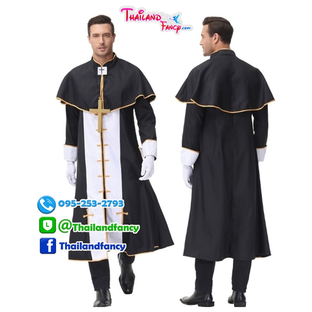 ชุดแฟนซีผู้ชาย ชุดคอสเพลย์นักบวช Priest Cosplay ชุดฮาโลวีน2022 ชุดนักบวชคริสต์ ชุดบาทหลวงสีดำแต่งแถบขาว