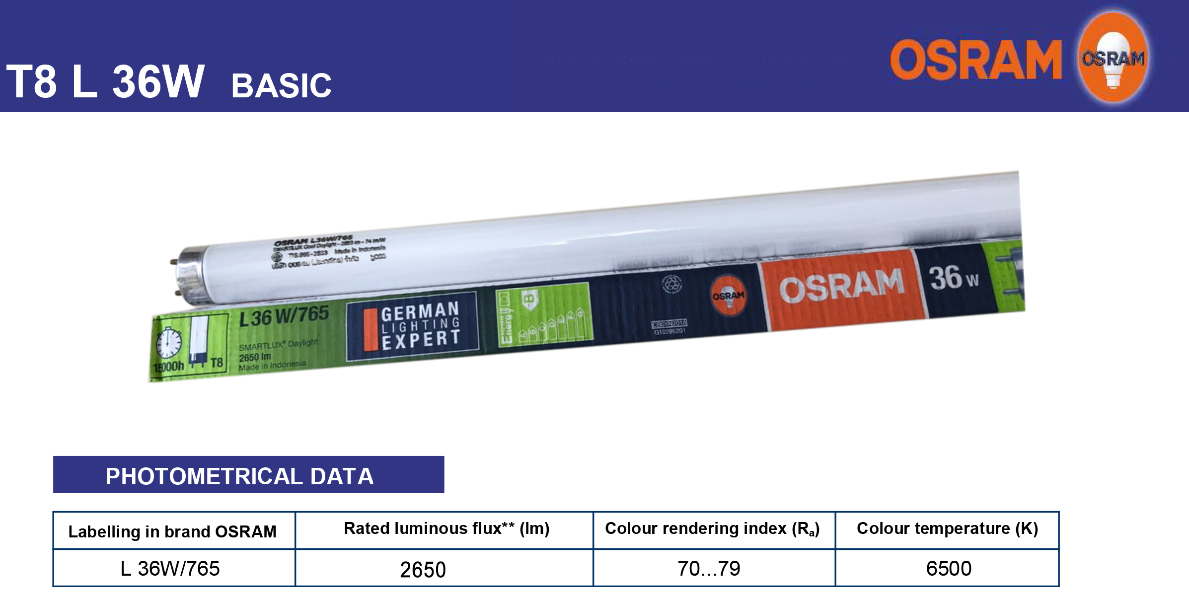 หลอด ฟลูออเรสเซนต์ T8 36W/765 OSRAM