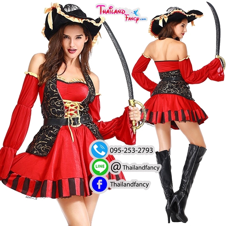 ชุดแฟนซีโจรสลัดสาว Pirate Cosplay ชุดโจรสลัดแจ๊คสแปร์โรว์หญิง ชุดฮาโลวีน ชุดกัปตันสาวโจรสลัดแดงกั๊กดำ พร้อมหมวก