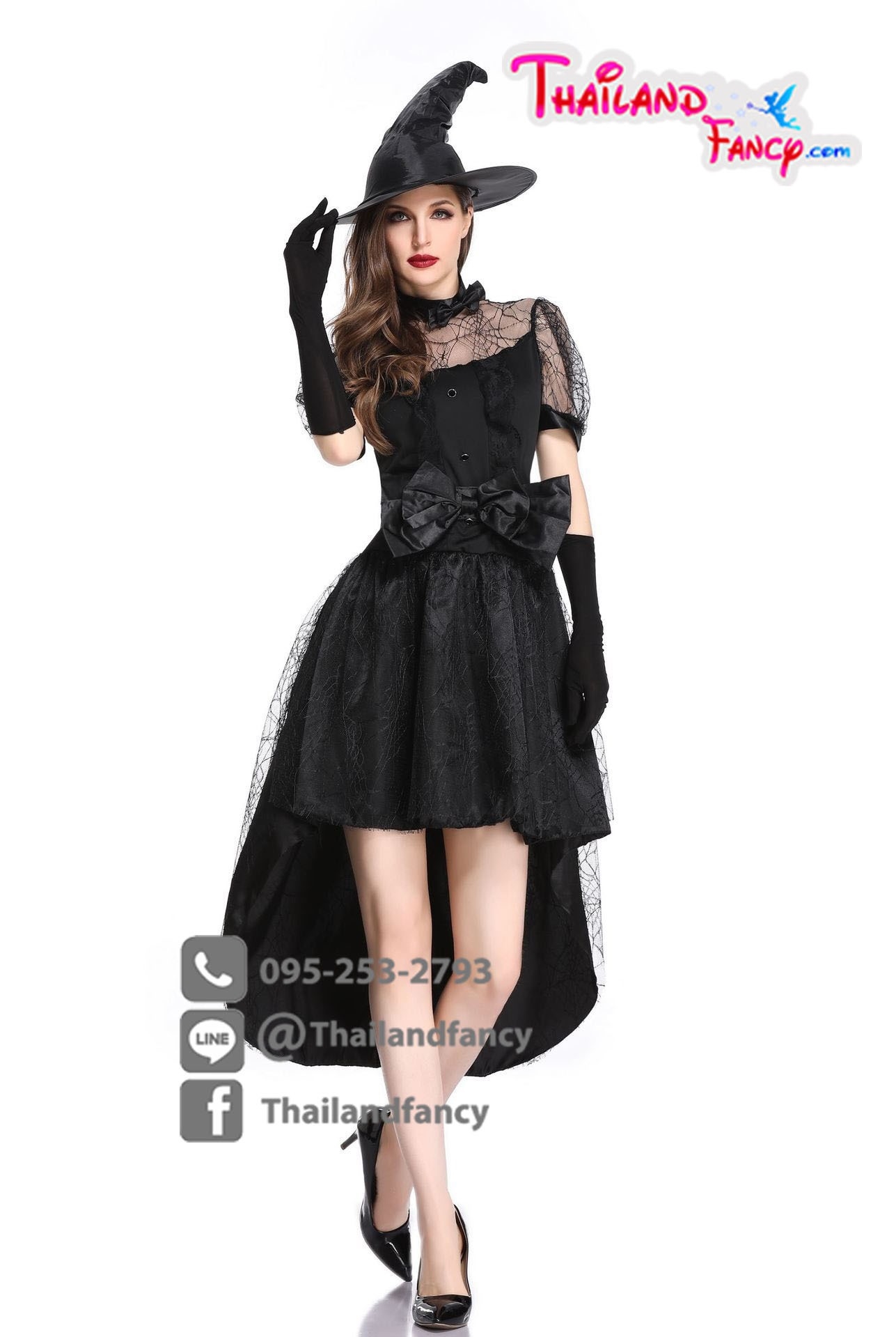 ชุดแฟนซีแม่มดผู้ใหญ่ ชุดคอสเพลย์ฮาโลวีนผู้หญิง Halloween Cosplay ชุดแม่มดผีซอมบี้ ชุดแม่มดสีดำผสมซีทรู พร้อมหมวกและถุงมือ