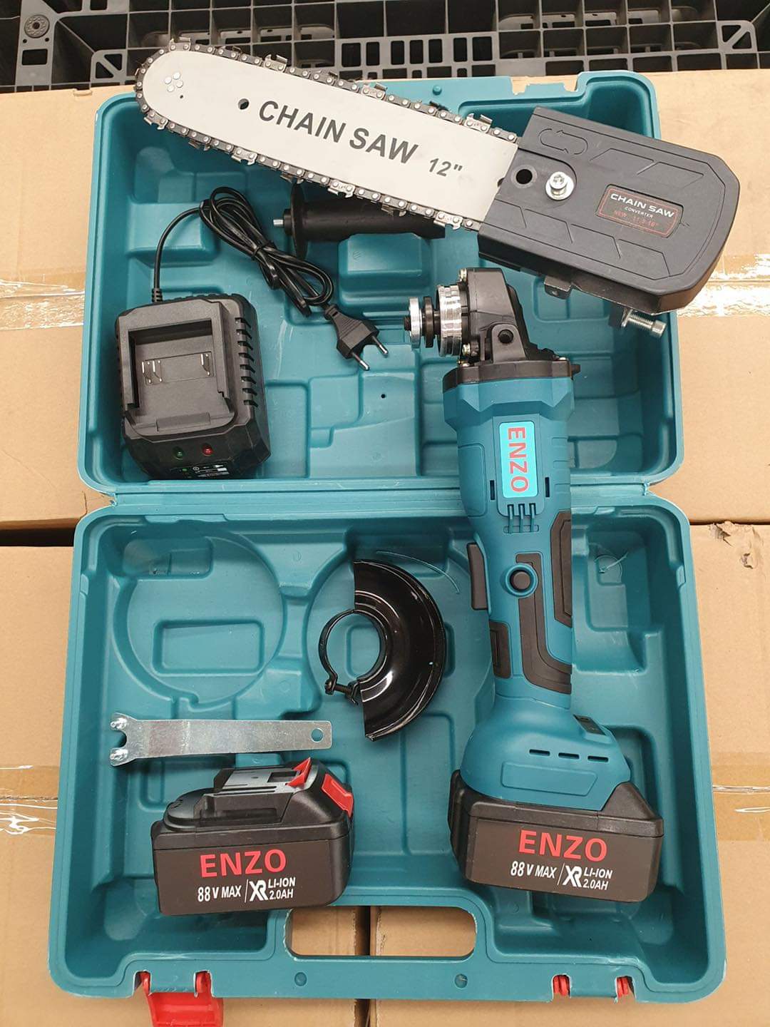 เจียไร้สาย ยี่ห้อ ENZO 88V แถมแบต 2 ก้อน แถมฟรี หัวบาร์โซ่ต่อเจีย