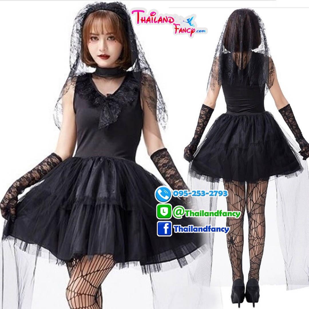ชุดแฟนซีผีเจ้าสาวผู้หญิง ชุดคอสเพลย์ซอมบี้ ชุดเจ้าสาวผี Halloween Party ชุดปีศาจสาว ชุดฮาโลวีน ชุดเจ้าสาวผีสีดำ