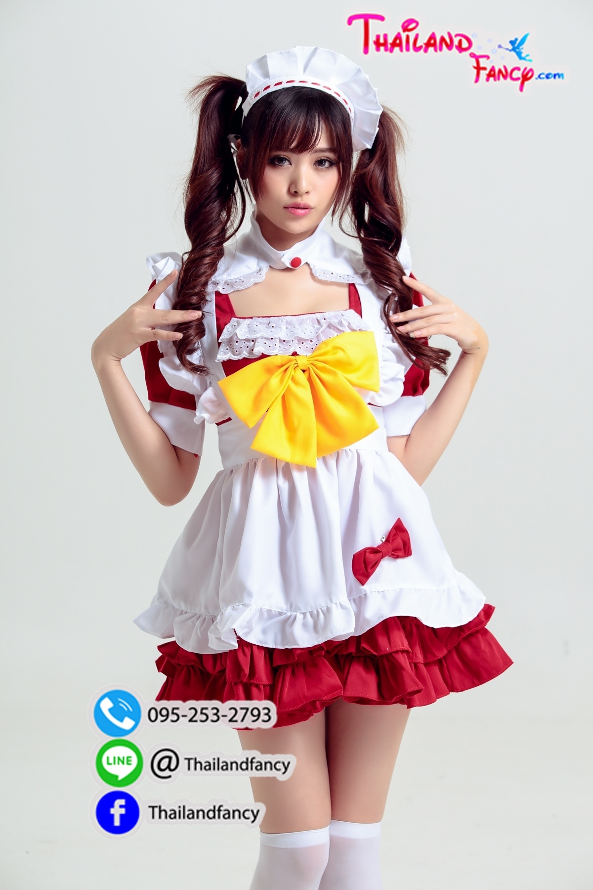 ชุดแฟนซีการ์ตูน ชุดแม่บ้าน ชุดเมดญี่ปุ่น Maid Cosplay ชุดสาวเสิร์ฟ ชุดแม่บ้านคอสเพลย์ เดรสแดงผ้ากันเปื้อนขาวโบว์เหลือง
