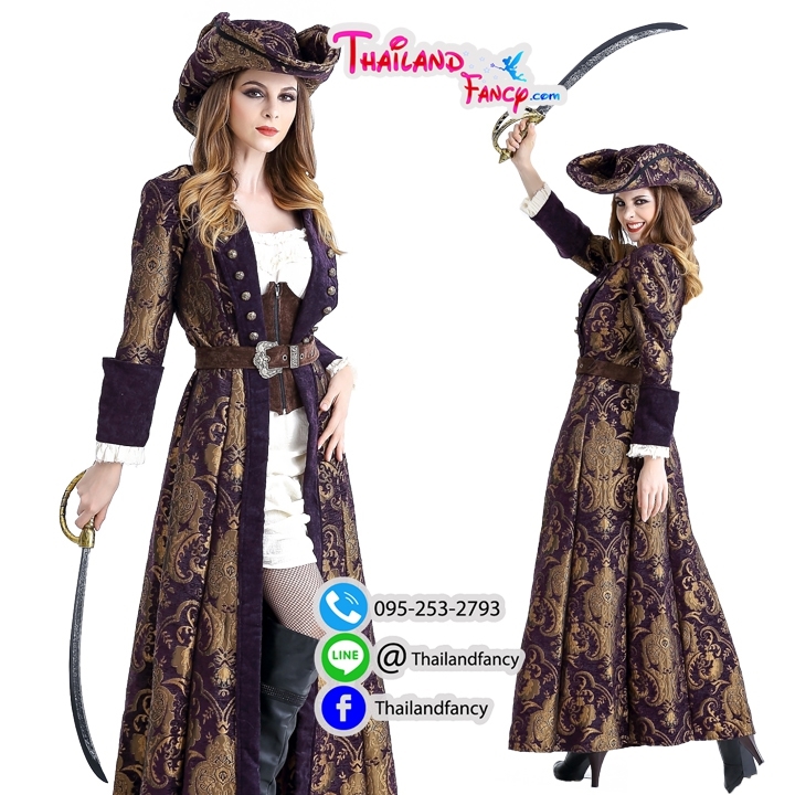 ชุดเช่าแฟนซีผู้หญิง ชุดโจรสลัด แจ็ค สแปร์โรว์หญิง Pirate Cosplay ชุดคลุมโจรสลัด ชุดเช่าโจรสลัดสาวผ้าลูกฟูกสีน้ำตาล-ม่วง