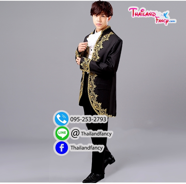 ชุดเช่าแฟนซีผู้ชาย ชุดเช่าเจ้าชาย ชุดเจ้าชายผู้ใหญ่ ชุดเจ้าชายอังกฤษ Cosplay ชุดสูทเจ้าชายสีดำแต่งลายทอง