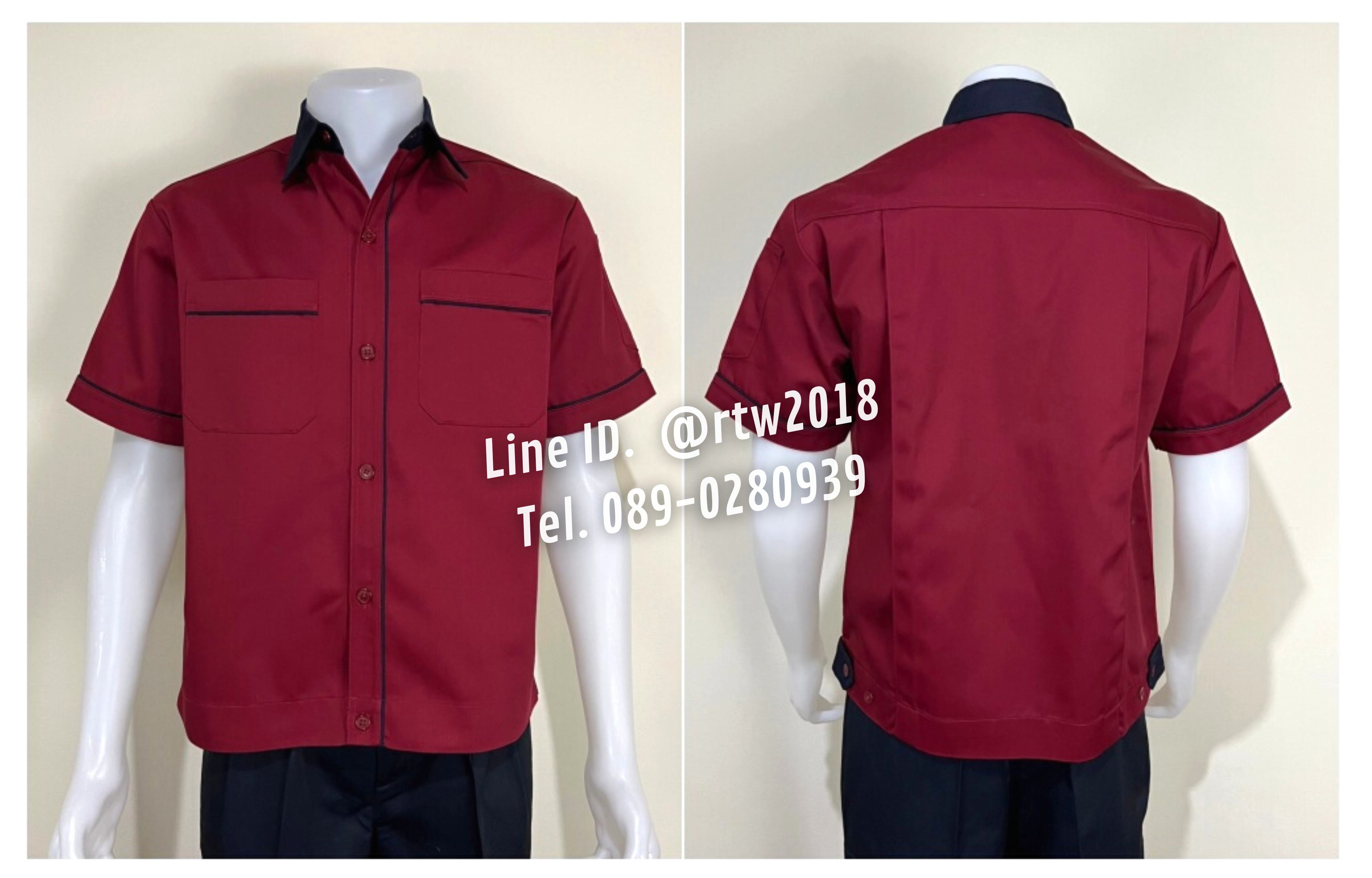 รหัส A15.5 : เสื้อช่างแขนสั้นผ้าคอมทวิวสีเลือดหมูกุ้นกรมท่า