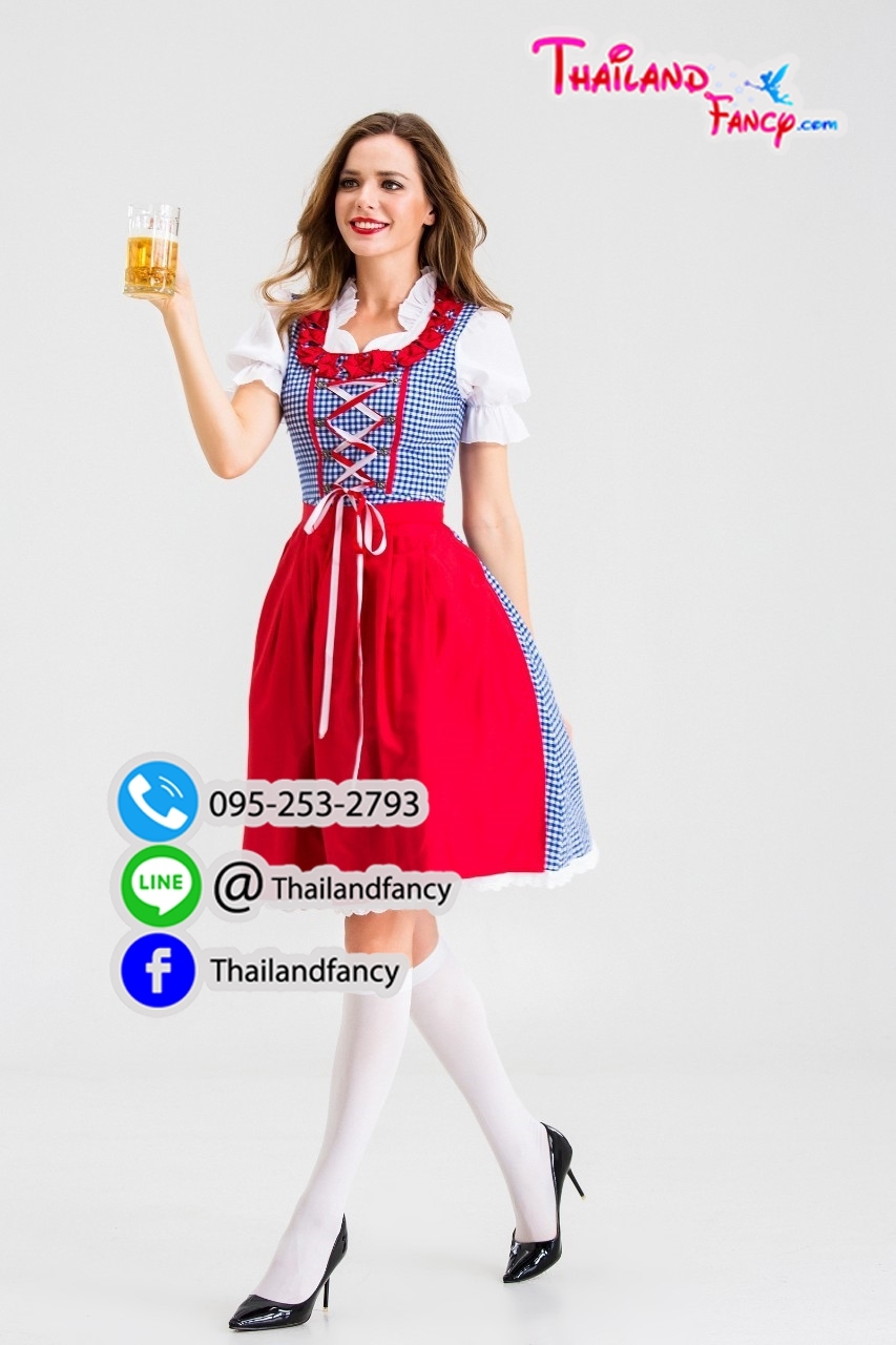 ชุดแฟนซีบาวาเรีย ชุดสาวเชียร์เบียร์ Oktoberfest ชุดสาวเสริฟ ชุดเทศกาลเบียร์ ชุดอ็อคโทเบอร์เฟส เยอร์มันคันทรีเสื้อตาสก็อตน้ำเงินผ้ากันเปื้อนแดง
