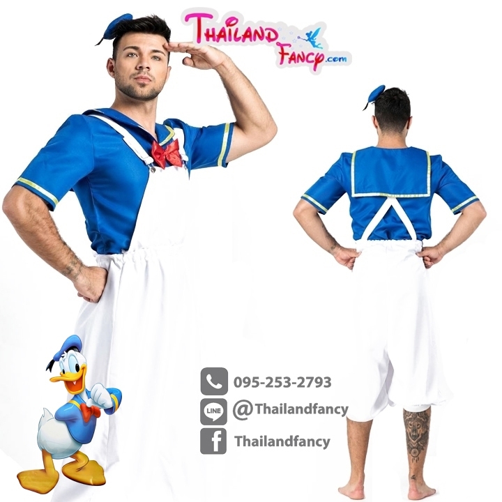ชุดแฟนซีกะลาสีผู้ใหญ่ ชุดแฟนซีฮอลลีวู้ด ชุดการ์ตูนวอลต์ดิสนีย์ Donald Duck Cosplay ชุดทหารเรือโดนัลดั๊ก ชุดอาชีพในฝัน ชุดกะลาสีโดนัลดั๊กเอี๊ยมขาวผู้ชาย เสื้อปกทหารเรือ