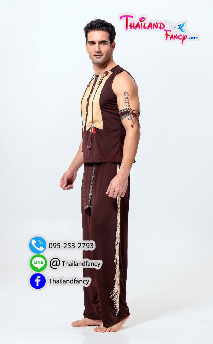 ชุดแฟนซีอินเดียแดง ชุดคาวบอยผู้ชาย ยิปซี Cosplay ชุดนักรบคนป่า ชุดชนเผ่า หนุ่มอินเดียแดงเสื้อแขนกุดสีน้ำตาล กางเกงขายาว