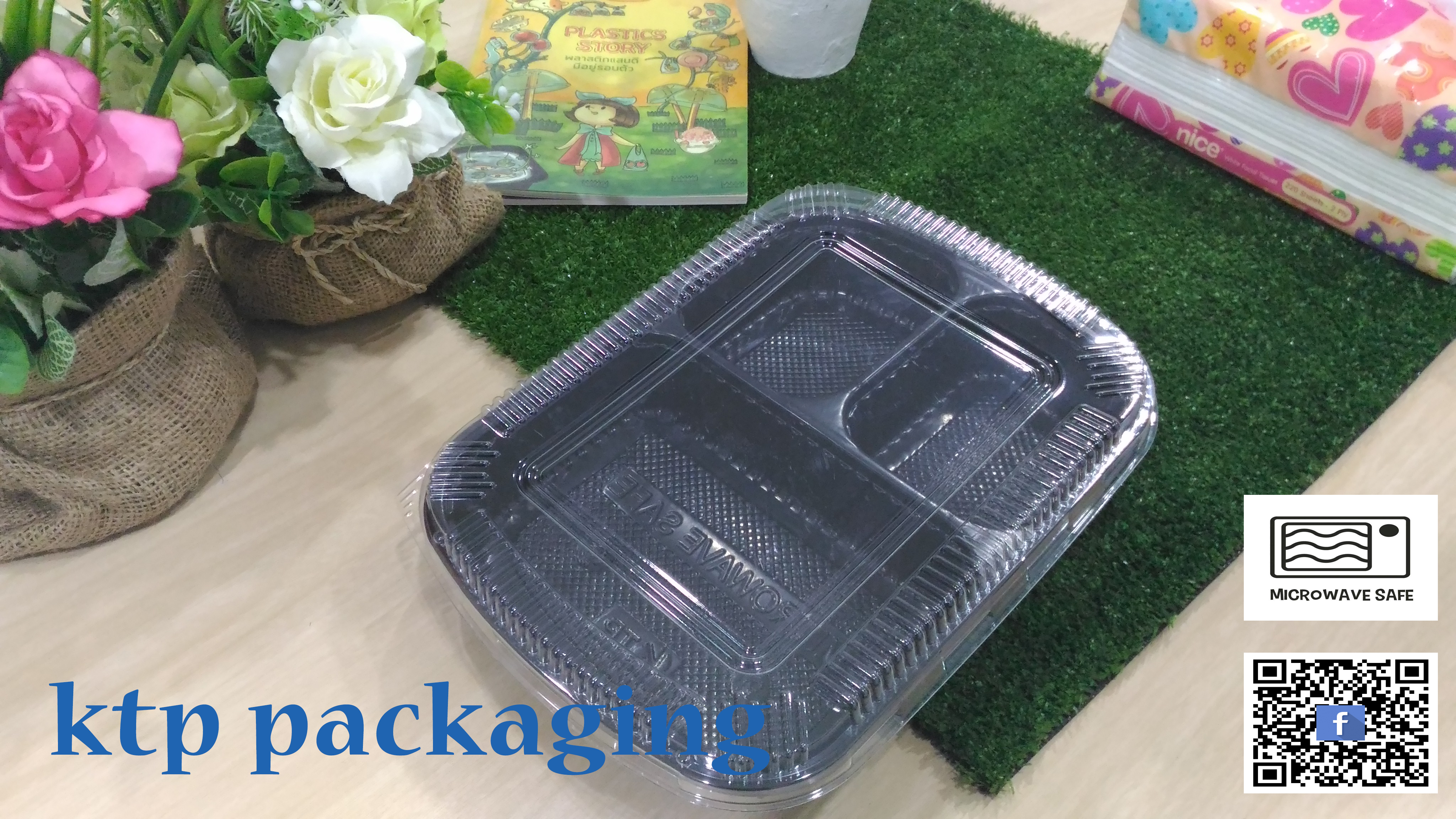 กล่องข้าวพลาสติก พร้อมฝา แบบ 3 ช่อง ขนาด 900 ml. สีดำ (P0027B)