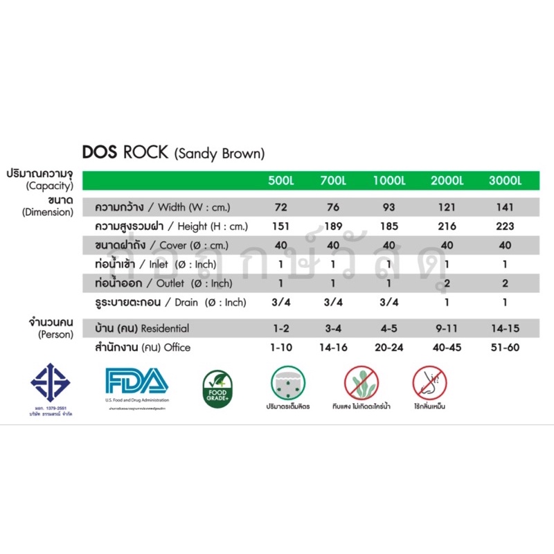 DOS ถังเก็บน้ำบนดิน ROCK สีใหม่ (มี 4 ขนาด) แถมลูกลอย