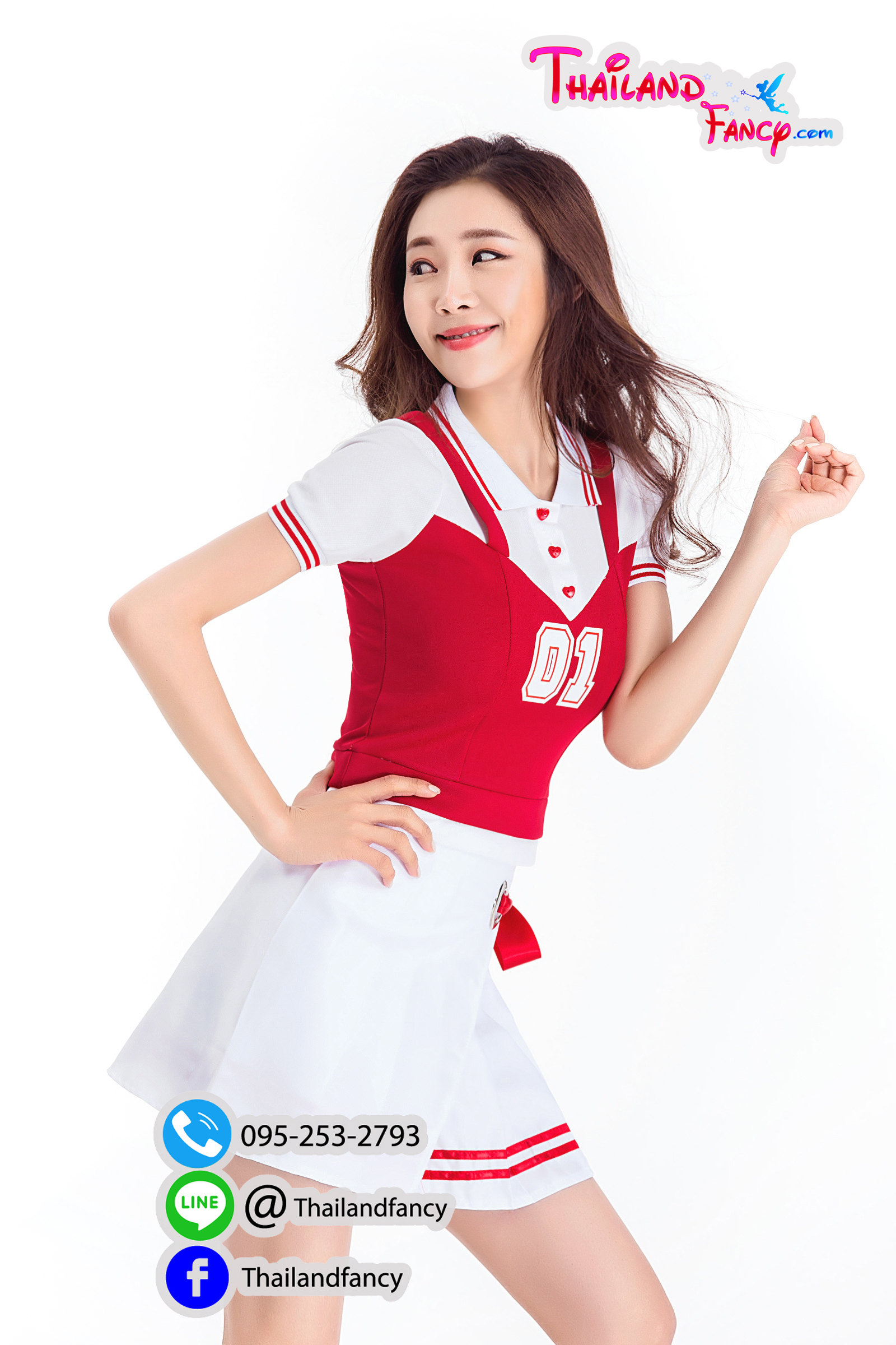 ุชุดแฟนซี ชุดเชียร์กีฬา ชุดปอมปอมเชียร์ Cheerleader ชุดปาร์ตี้ ชุดกีฬาสีบริษัท ชุดคอสเพลย์เชียร์ลีดเดอร์ สีขาว-แดง โปรงจีบผูกโบว์แดง