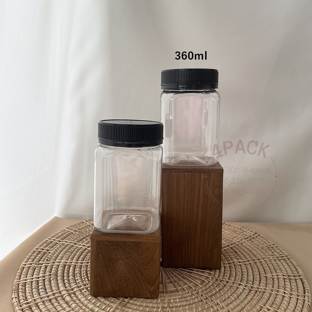 กระปุกพลาสติกPET 360ml ทรงเหลี่ยม + ฝาเซฟตี้ล็อค