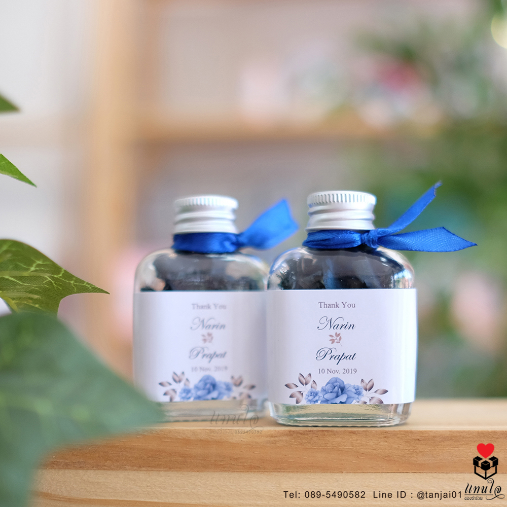 ของชำร่วยงานแต่ง บุหงาหอม ในขวดแก้วแบน ฝาเงิน ความหมายดี เป็นสิริมงคล กลิ่นหอม แฮนเมด