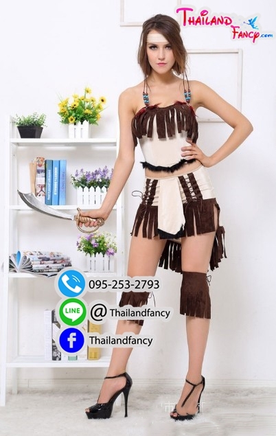 ชุดแฟนซีผู้หญิง ชุดสาวอินเดียแดง ชุดคนป่ายุคหิน ชุดชนเผ่า ชุดนักรบโบราณ ชุดนักรบหญิง ชุดอินเดียน่าเกิร์ล ชุดชนเผ่าอินเดียแดงสีครีมแต่งพู่น้ำตาล