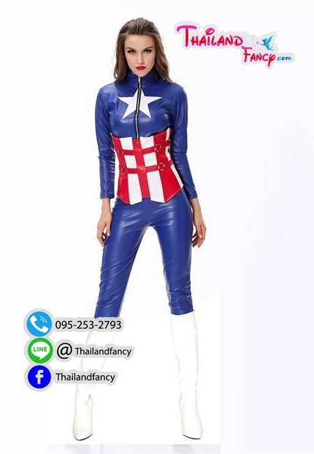 ชุดแฟนซีกัปตันอเมริกาผู้หญิง ชุดการ์ตูน ชุดซุปเปอร์ฮีโร่หญิง Captain America Girl Costume ชุดกัปตันหนังเทียมสีน้ำเงิน