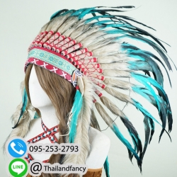 เช่าอุปกรณืแฟนซี หัวขนนกแฟนซี เช่าหัวอินเดียแดงแฟนซี หัวชนเผ่าขนนก หัวขนนกโบฮีเมี่ยน หมวกอินเดียแดงขนนกหัวหน้าเผ่าสีฟ้าน้ำทะเล