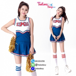 ชุดแฟนซีปอมปอม ชุดเชียร์กีฬา ชุดคอสเพลย์ Cosplay ชุดปอมปอมเชียร์ขาวน้ำเงินแขนกุด กระโปรงสั้นจีบรอบตัว