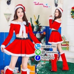 ชุดแฟนซีแซนตี้ ชุดซานต้าผู้หญิง ชุดคริสต์มาส ชุดซานตารีน่า ชุดปาร์ตี้ปีใหม่ ชุดซานตี้ ชุดเดรสแซนตี้เอวลอยแขนยาว พร้อมถุงขา