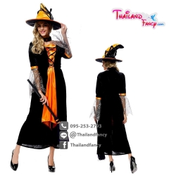 ชุดแฟนซีแม่มด ชุดคอสเพลย์แม่มด ชุดแม่มดฮาโลวีน Halloween ชุดแม่มดสาว ชุดแม่มดผี ชุดผี ชุดแม่มดสีดำส้มยาว พร้อมหมวกแม่มด