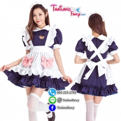 ชุดแฟนซีแม่บ้าน ชุดเมดญี่ปุ่น Maid Cosplay ชุดเมดเจ้าหญิงโลลิต้า ชุดแม่บ้านคอสเพลย์ เดรสสีม่วงผ้ากันเปื้อนขาวเจาะอกรูปหัวใจโบว์ชมพู