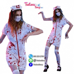 ชุดแฟนซีผีซอมบี้ Cosplay Nurse ชุดนางพยาบาลผี ชุดฮาโลวีน เดรสสีขาวเปื้อนสีแดงเลือดพร้อมที่คาดผมตราพยาบาล
