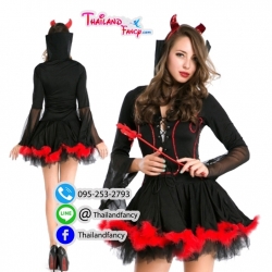 ชุดแฟนซีแวมไพร์ ชุดคอสเพลย์แวมไพร์ ชุดแม่มดเดวิล ชุดซอมบี้ผู้หญิง ชุดฮาโลวีน Devil Girl Costume ชุดปีศาจสาว ชุดสาวเดวิลสีดำปกคอตั้งแต่งขนมิงค์สีแดง