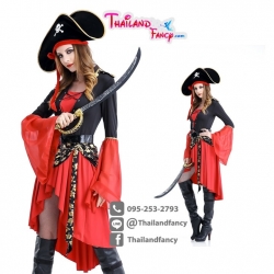 ชุดแฟนซีโจรสลัด ชุดฮาโลวีน Halloween ชุดโจรสลัดหญิง Pirate Cosplay เดรสสีดำแดงปลายแขนกระดิ่งแต่งลายกระโหลกสีทอง